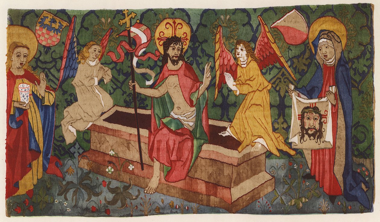 Jesu Kristi opstandelse, alterfront i gobelin, Aargau, Schweiz, slutningen af det 15. århundrede (farvelitografi) af German School