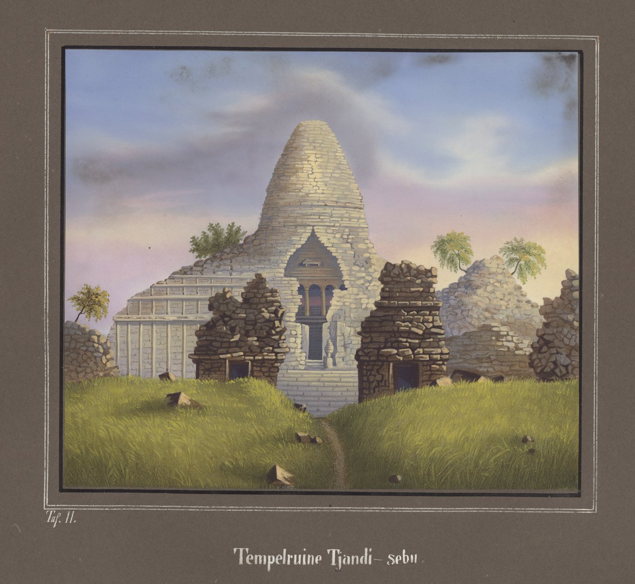 Ruin af templet Tjandi-sebu, Pl.II fra topografisk og naturvidenskabelig atlas på rejsen gennem Java, af Dr.Fr.Junghuhn, Magdeburg 1845 af German School