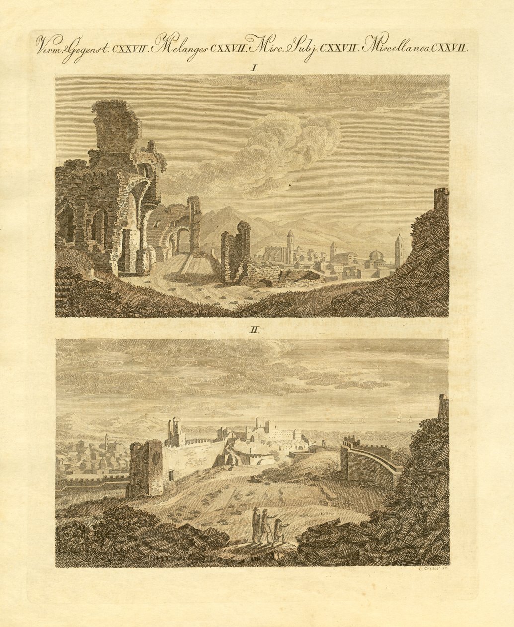 Ruinerne af den gamle bydel Sagunto i Spanien (farvet gravering) af German School
