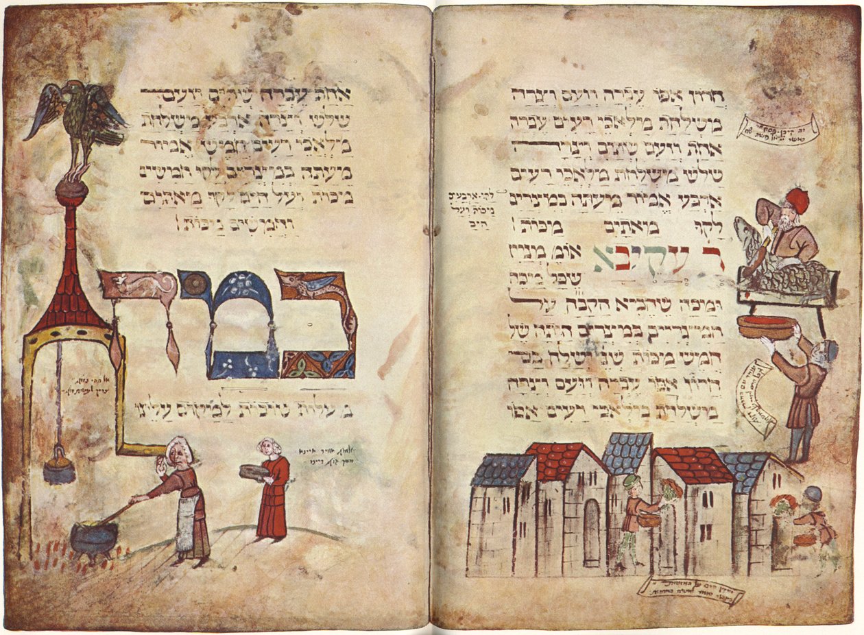 Ofring af påskelammet og passage fra Rabbi Akiva, 2. Mosebog 12, vers 22, Haggadah (pergament) af German School
