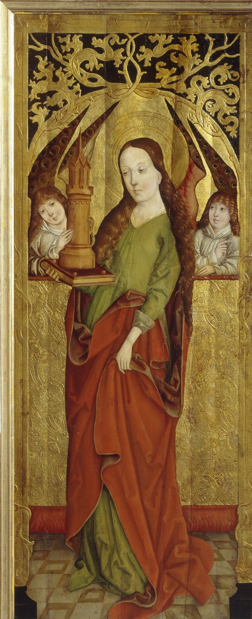 Holy skæg eller skæg det store martyrdød (III århundrede). (Saint Barbara). Iført et tre vinduetårn på en bakke. Maleri af en Westphalia Master (ACTF mellem 1470 og 1480), træ på træ, omkring 1470-1480. Tysk kunst af German School