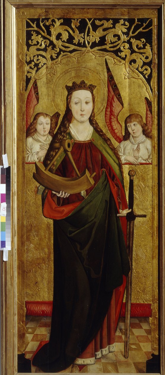 Den hellige Katarina af Alexandria (ca. 290-307) (Saint Katarina). Bærer en del af hans martyriums torturhjul. Maleri af en westfalsk mester (aktiv mellem 1470 og 1480), olie på træ, ca. 1470-1480. tysk kunst af German School