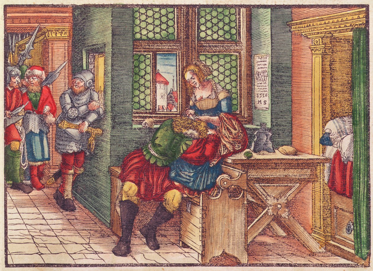 Samson og Delila, fra Lutherbibelen, ca. 1530 (farvet træsnit) af German School