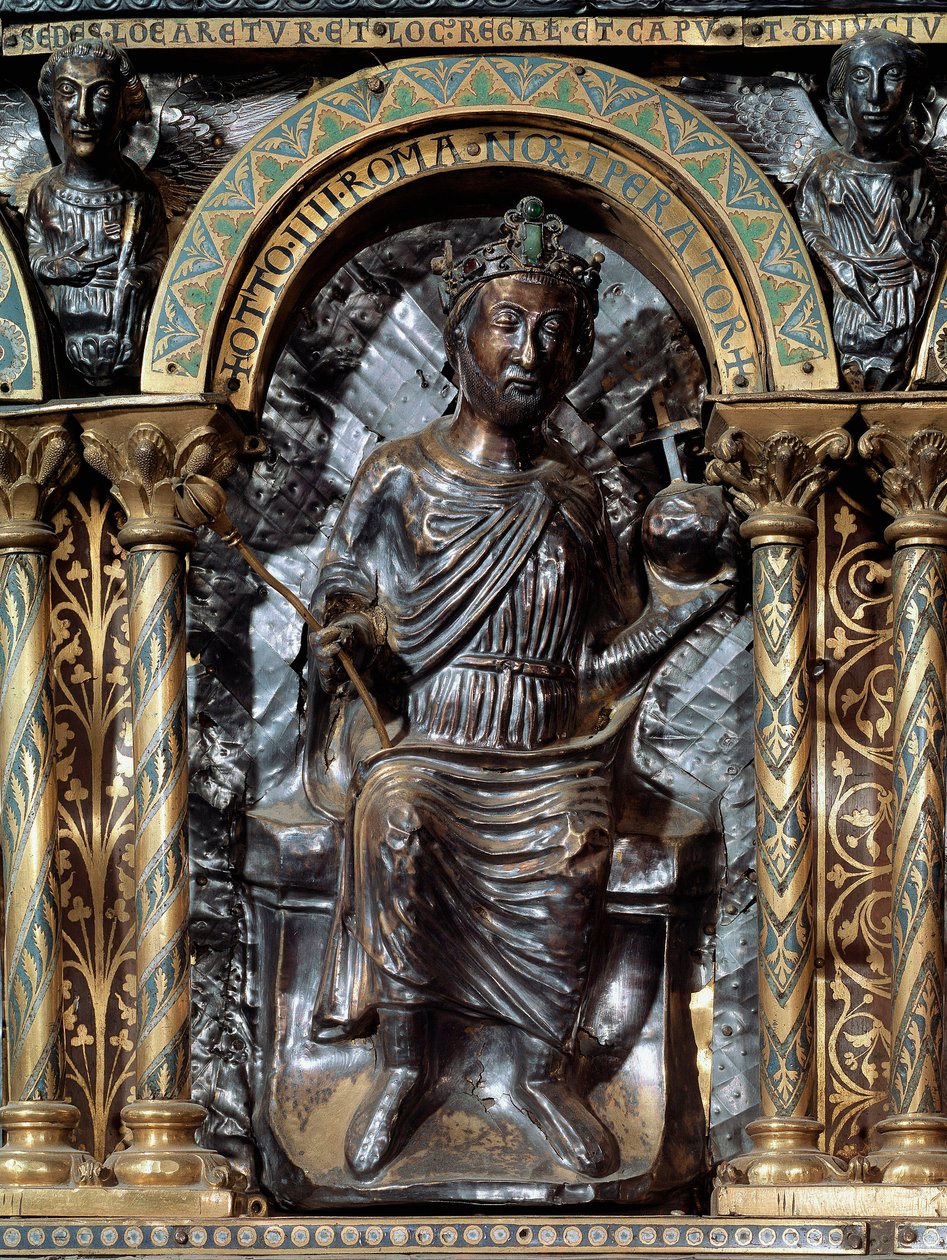 Sarkofag af Karl den Store (742-814). Repræsentation af kejser Othon IV af Brunsvig (v. 1175-1218). 1165-1215. Tyskland. Palatinerkapel i katedralen i Aachen. af German School