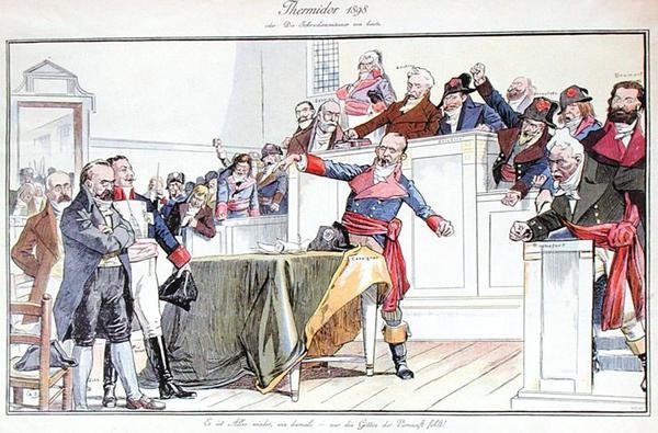 Satirisk tegneserie, der skildrer Dreyfus-affæren som en revolutionær retssag af German School