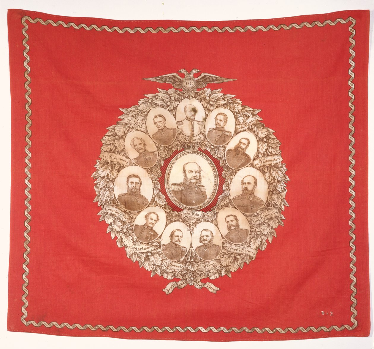 Tørklæde forestillende den tyske kejser, Wilhelm I (1797-1888) omgivet af Bismarck og sejrende marskaler til fejring af den fransk-preussiske krig, 1870 (silke) af German School