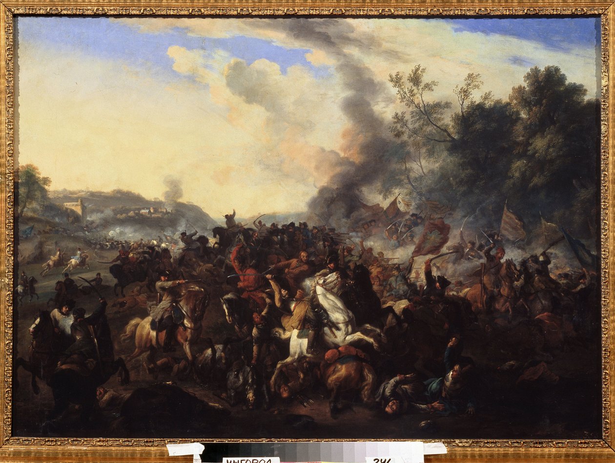 ""kampscene"" Ryttere og heste hobede sig op under et slagsmål. Anonymt maleri fra den tyske skole. 17th Century Regional Art Museum, Uzhhorod, Ukraine af German School