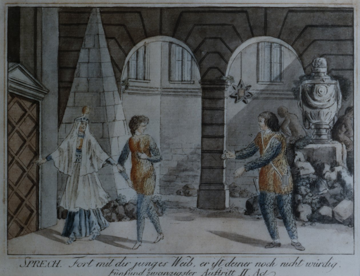 Scene fra Tryllefløjten af Wolfgang Amadeus Mozart (pen & blæk og wc på papir) af German School