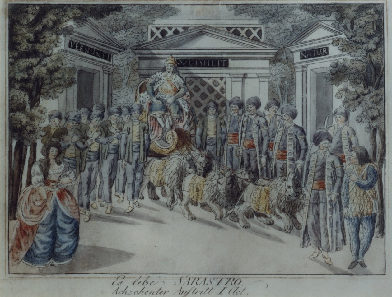 Scene fra Tryllefløjten af Wolfgang Amadeus Mozart (pen & blæk og wc på papir) af German School