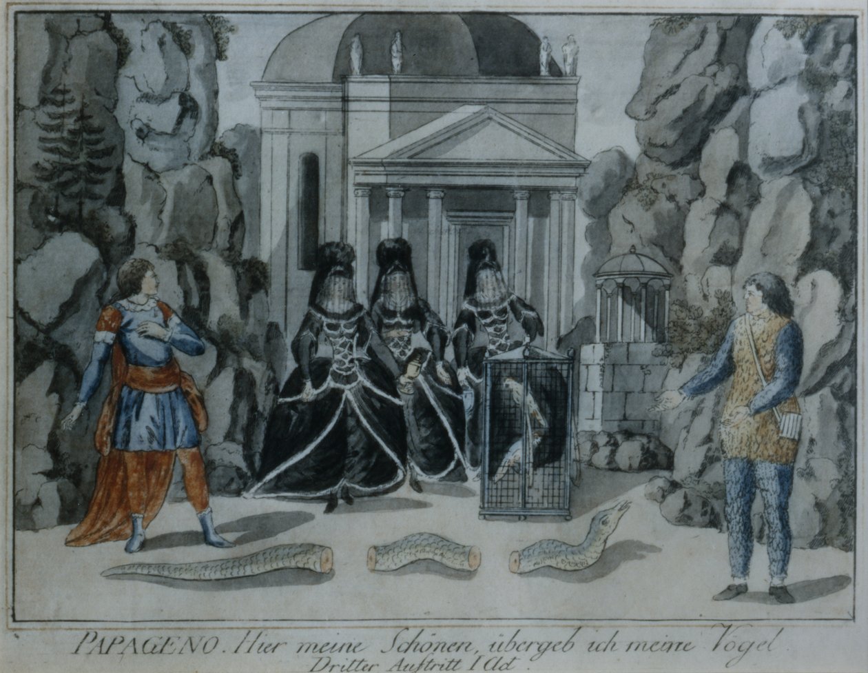 Scene fra Tryllefløjten af Wolfgang Amadeus Mozart (pen & blæk og wc på papir) af German School