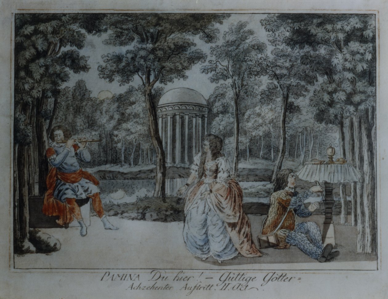 Scene fra Tryllefløjten af Wolfgang Amadeus Mozart (pen & blæk og wc på papir) af German School