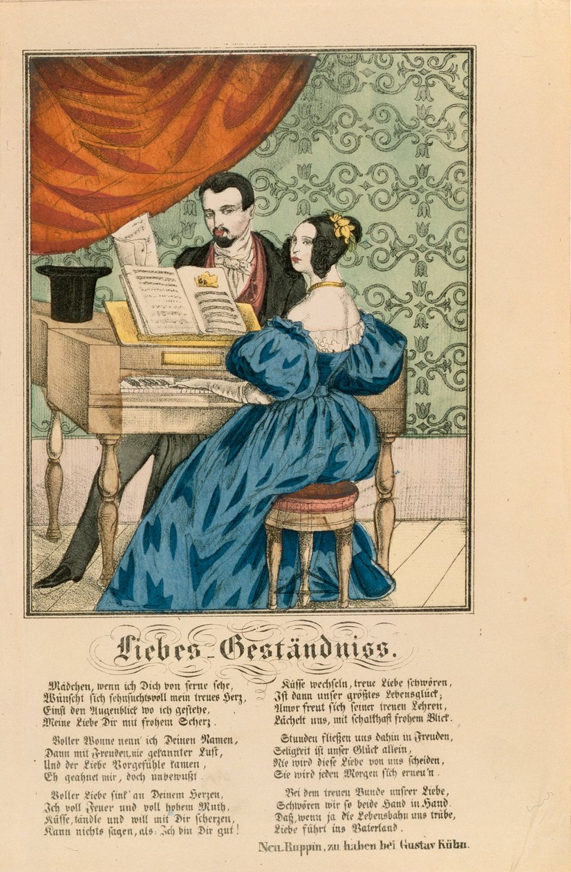 Scene, der viser et par ved klaveret, med et kærlighedsdigt skrevet nedenunder, fra Neuruppiner Bilderbogen, 1850 af German School