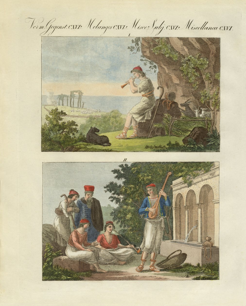 Scener fra Grækenland (farvet gravering) af German School