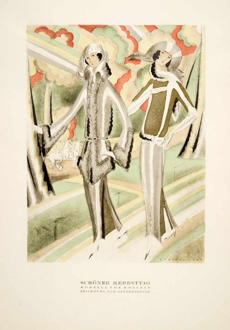 Schöner Herbsttag, outfits af Mossner, fra Styl, pub.1922 (pochoir print) af German School