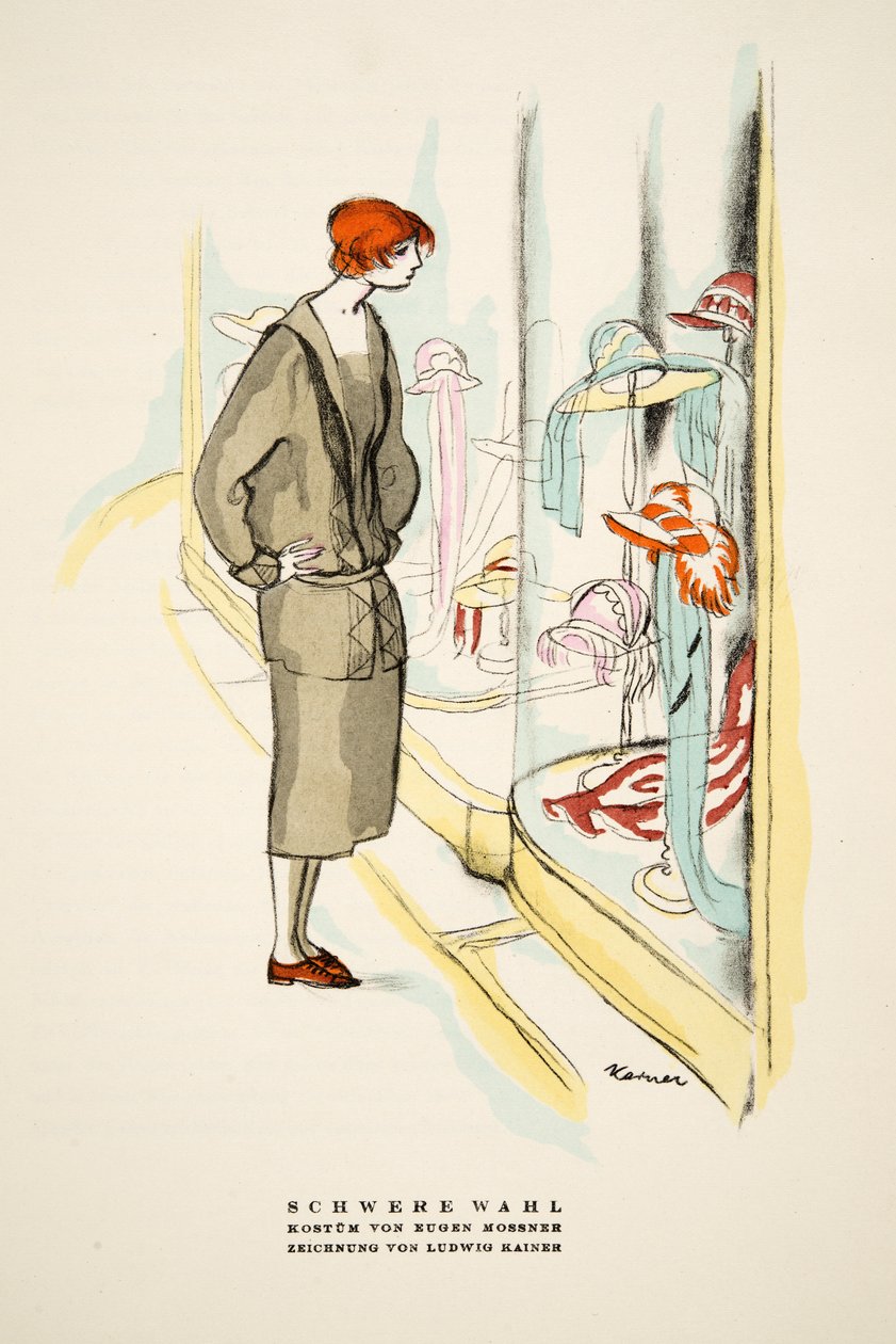 Schwere Wahl, outift af Eugen Mossner, fra Styl, pub.1922 (pochoir print) af German School