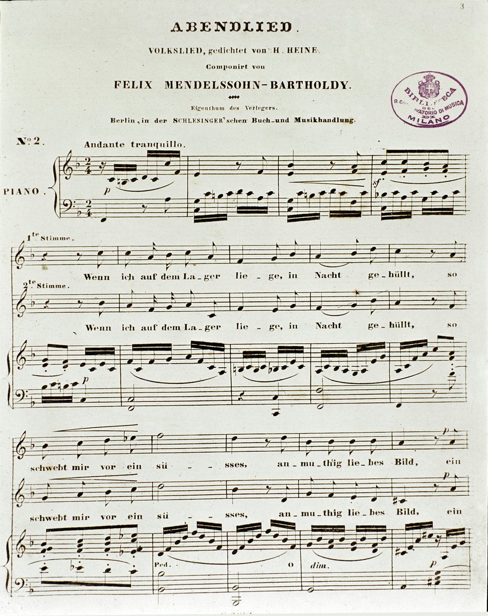 Partiturside af Abendlied af Felix Mendelssohn af German School