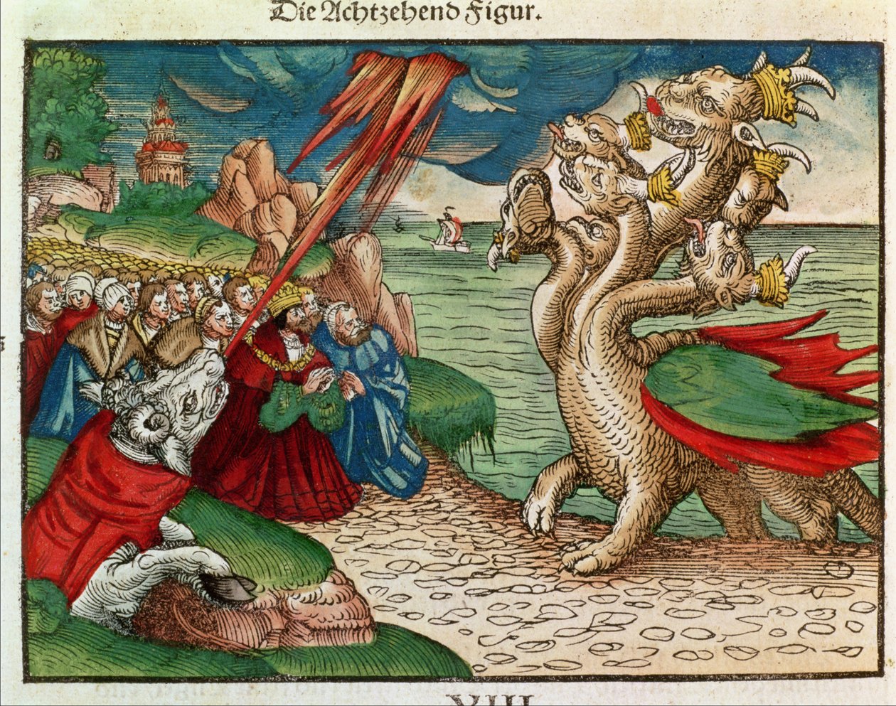 Syvhovedet slange fra Åbenbaringens Bog, fra Lutherbibelen, ca. 1530 (farvet træsnit) af German School