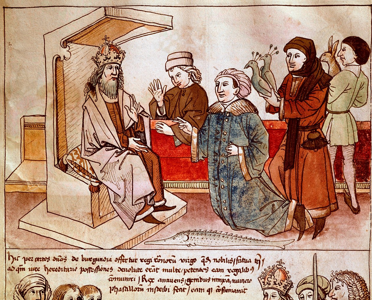 Sigismund I af Luxembourg (1368-1437), kejser af Det Hellige Rige modtager de underdanige folks hyldest. Miniature fra "Krøniker fra Konciliet i Konstanz" af Ulrich Richental (1360-1437) 1438 ca. Prag, nationalbibliotek af German School