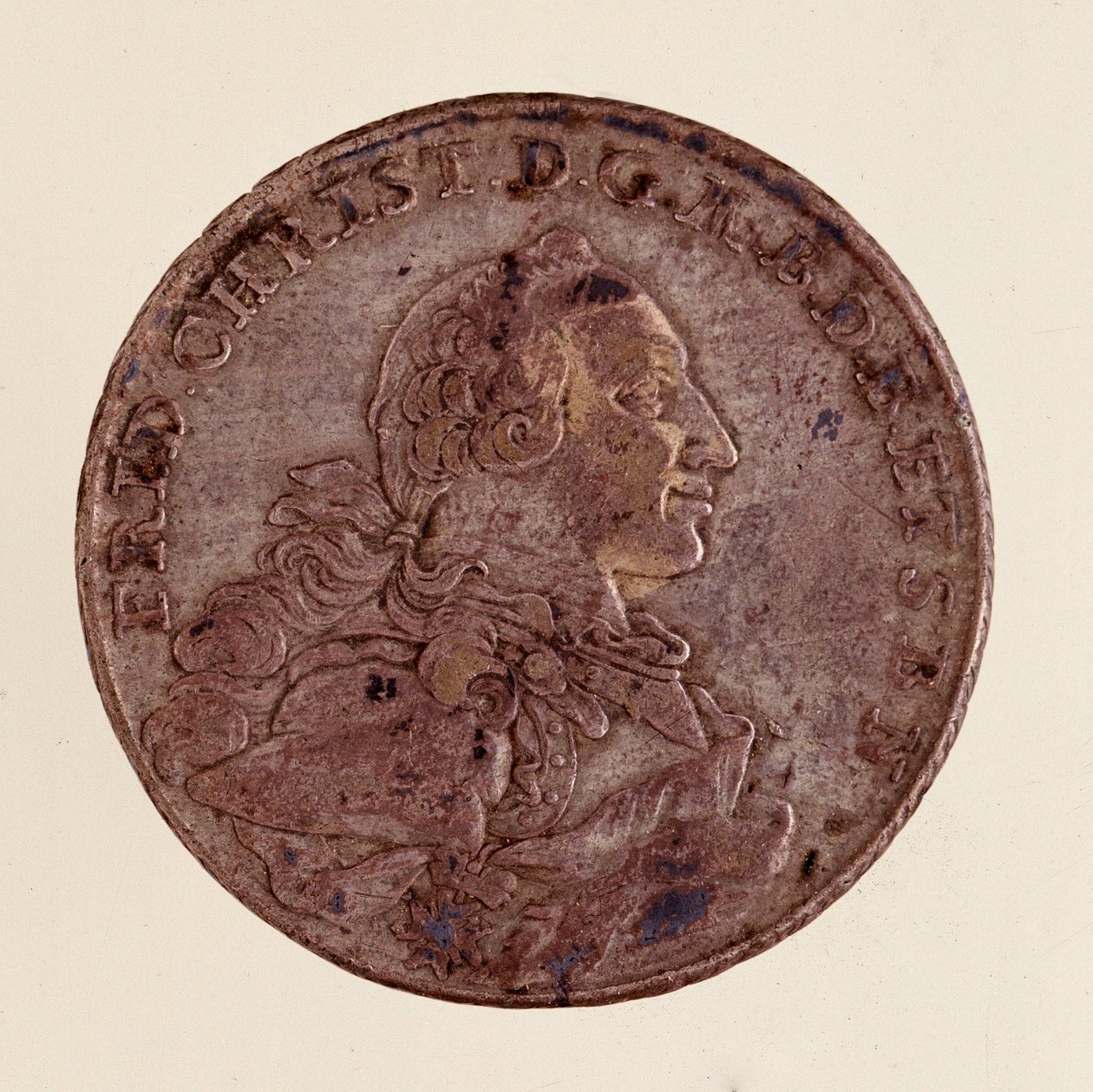 Sølvthaler (taler) af Frederick Christian, markgreve af Brandenburg-Bayreuth (Frederic V Christian de Brandenburg-Bayreuth (Brandenburg Bayreuth) (1708-1769) 1766 Diam. 4 cm Napoli, museo archeologico af German School