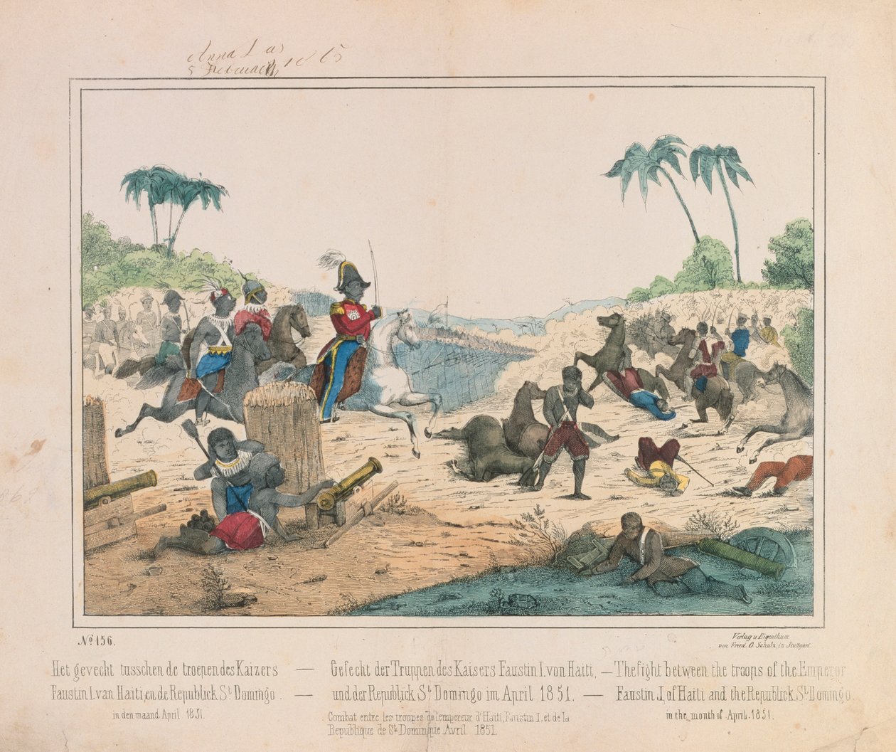 Træfning mellem tropper fra kejser Faustin I af Haiti og Den Dominikanske Republik Santo Domingo i april 1851, billedblad udgivet af Fried. Schulz Verlag, Stuttgart, 1851 af German School