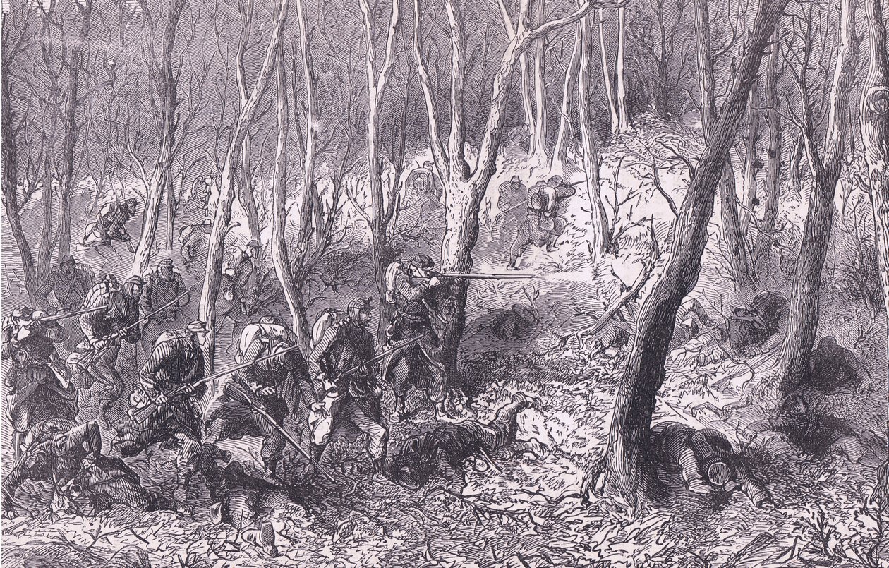 Træfning i skoven uden for Paris, Cassells historie om krigen mellem Frankrig og Tyskland udgivet af Cassell and Company Limited, ca. 1890 (litho) af German School