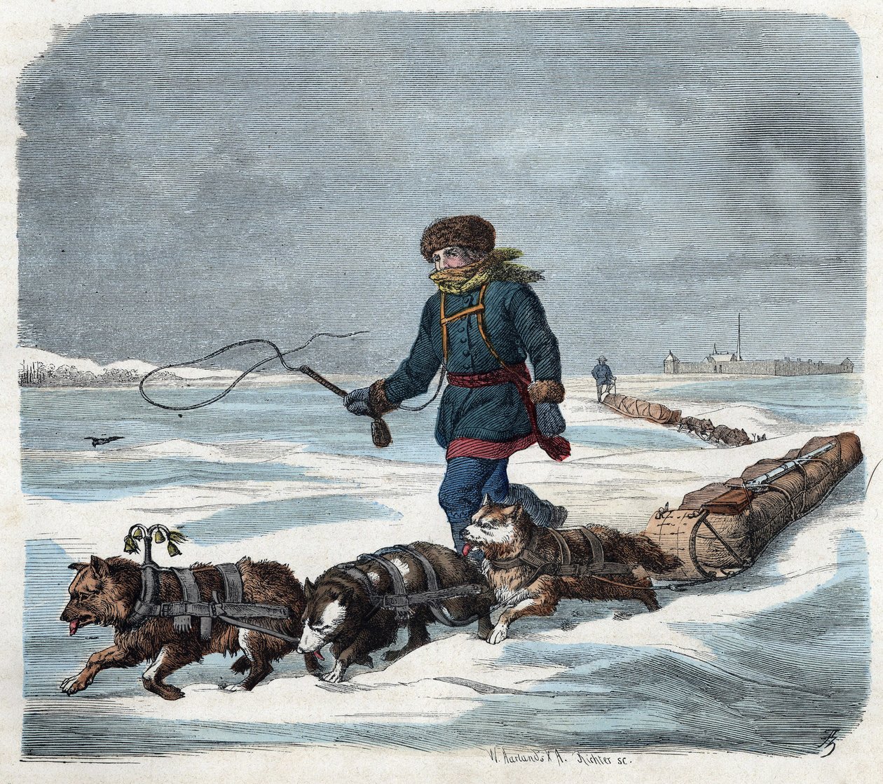 Slædehund i Amerikas sne. I "" Wenn Jemand eine Reise tut, so kann er was erzahlen"" (Når nogen rejser, er det dette, han kan fortælle), tysk fortælling af Franz Wiedemann af German School