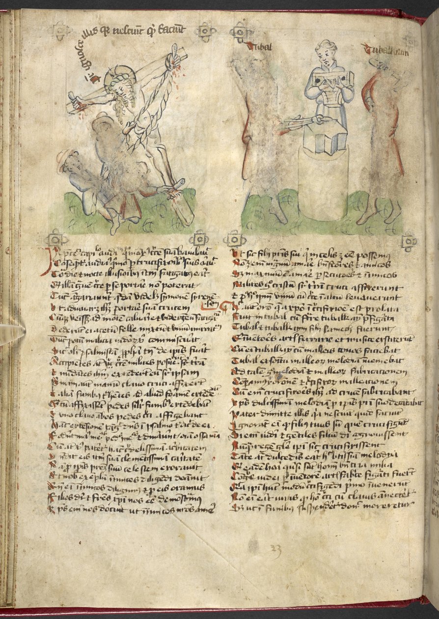 Sloane 361, f.25v Korsets rejsning; Jubal og Tubal-Cain, fra 