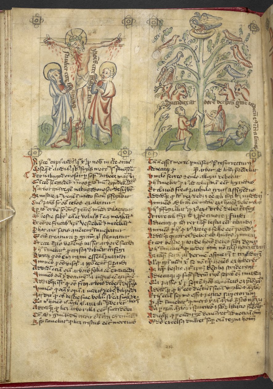 Sloane 361, f.26v Nebukadnezar ser et træ i en drøm; korsfæstelsen, fra 