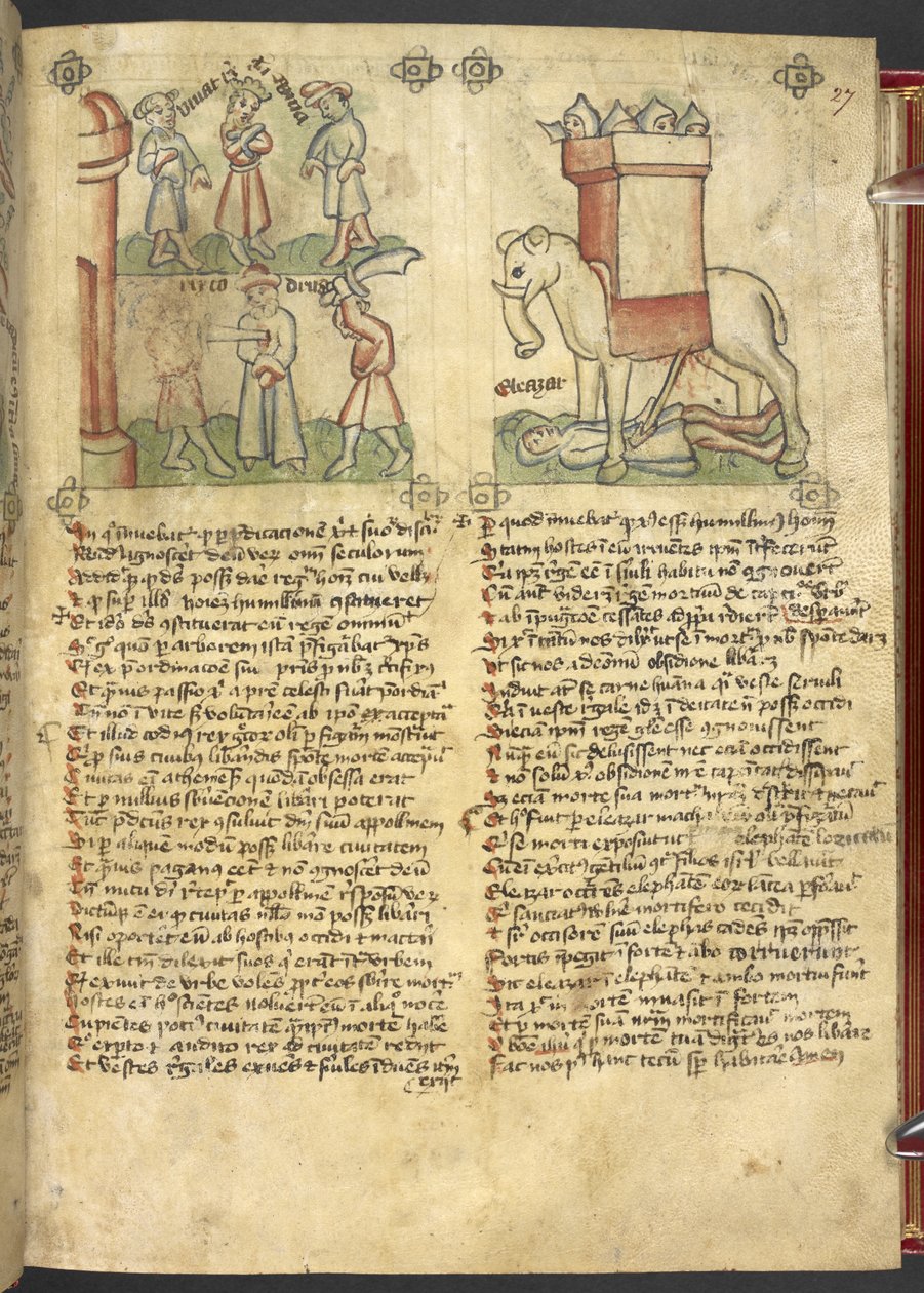 Sloane 361, f.27 Kong Codrus giver sig selv til at blive dræbt for sit folk, og Eleazar Maccabeus stikker elefanten og bliver knust af den, fra 