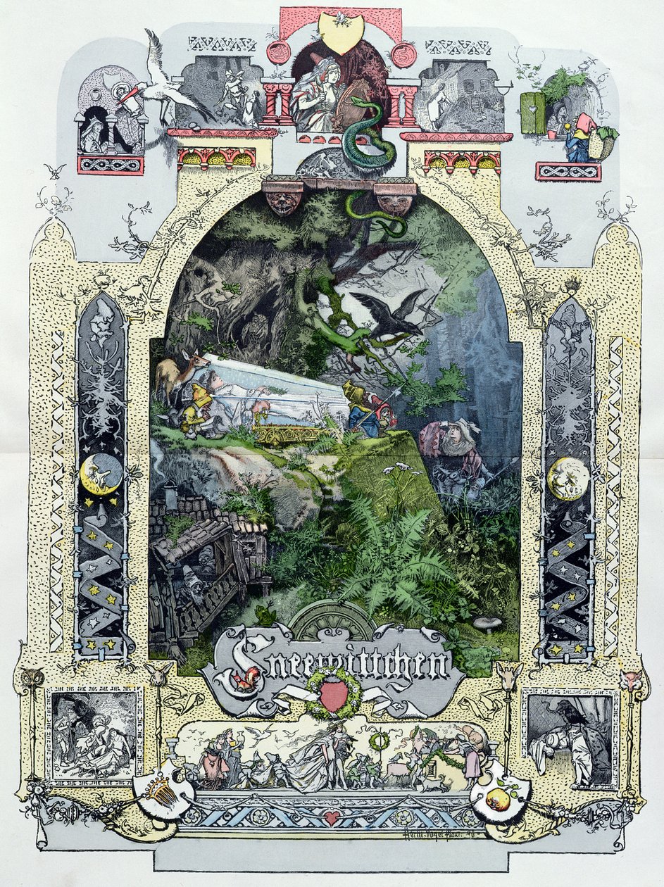 Snow White in her Glass Coffee, illustration fra Munchener Bilderbogen, ca. 1880 af German School