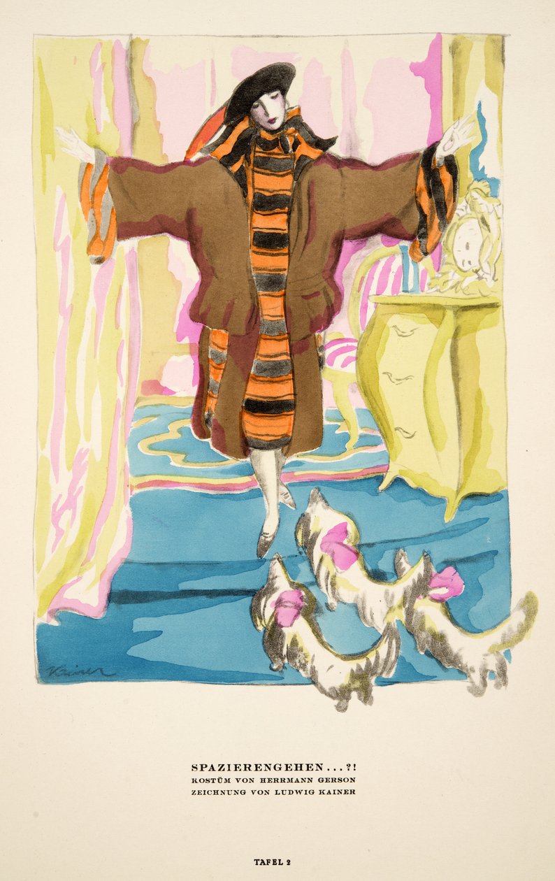 "Spazierengehen !", reklame for kostume af Hermann Gerson, fra Styl, pub.1922 (pochoir print) af German School