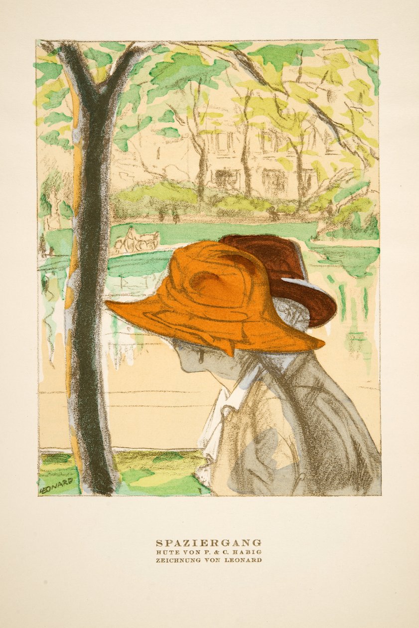 "Spaziergang", reklame for hatte af P  C Habig, fra Styl, pub.1922 (pochoir print) af German School