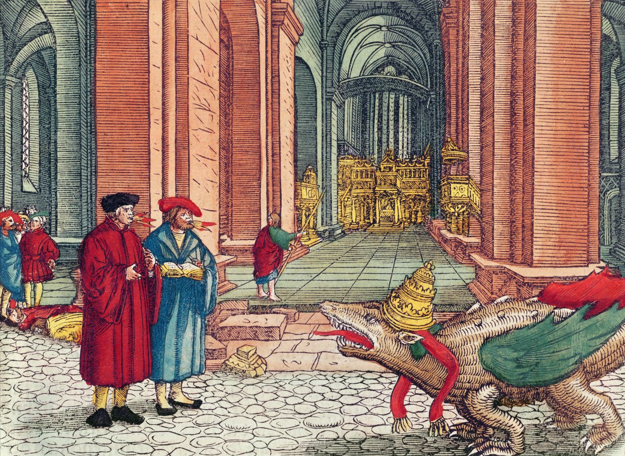 Tungetale, pinse, fra Lutherbibelen, ca. 1530 (farvet træsnit) af German School
