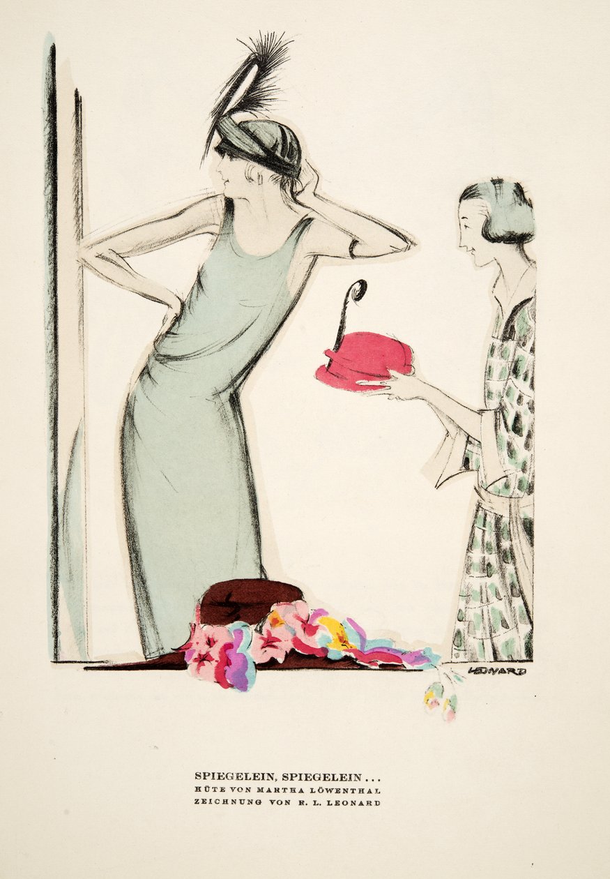 Spiegelein, Spiegelein .., hatte af Martha Lowenthal, fra Styl, pub.1922 (pochoir print) af German School