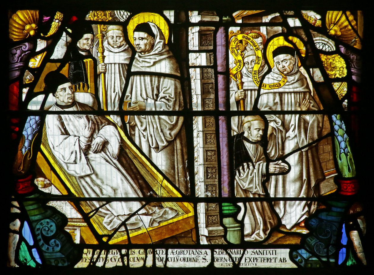 Sankt Bernard helbreder en syg mand, som så ønsker at tilslutte sig ordenen - men bliver sendt væk, ca. 1500 (farvet glas) af German School