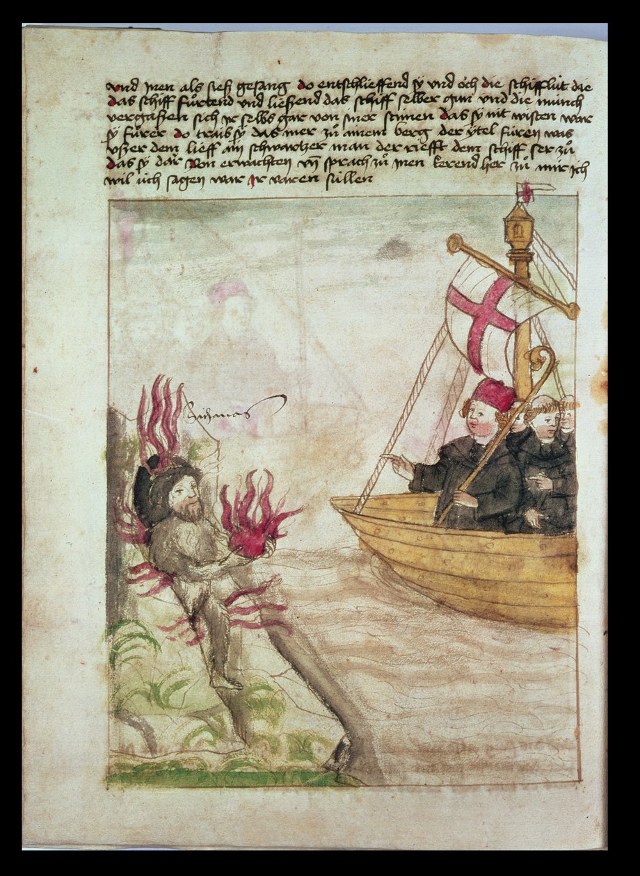St Brendan på sit skib, fra den tyske oversættelse af The voyage of St Brendan Abbot, c.1476 af German School