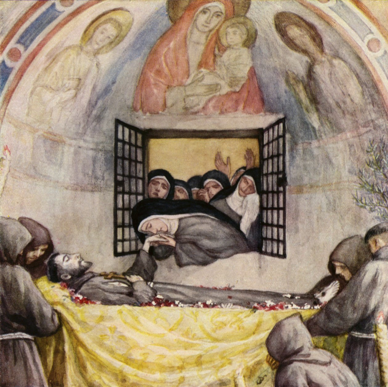 Den hellige Klara sørger over den hellige Frans af Assisi (farvelitografi) af German School
