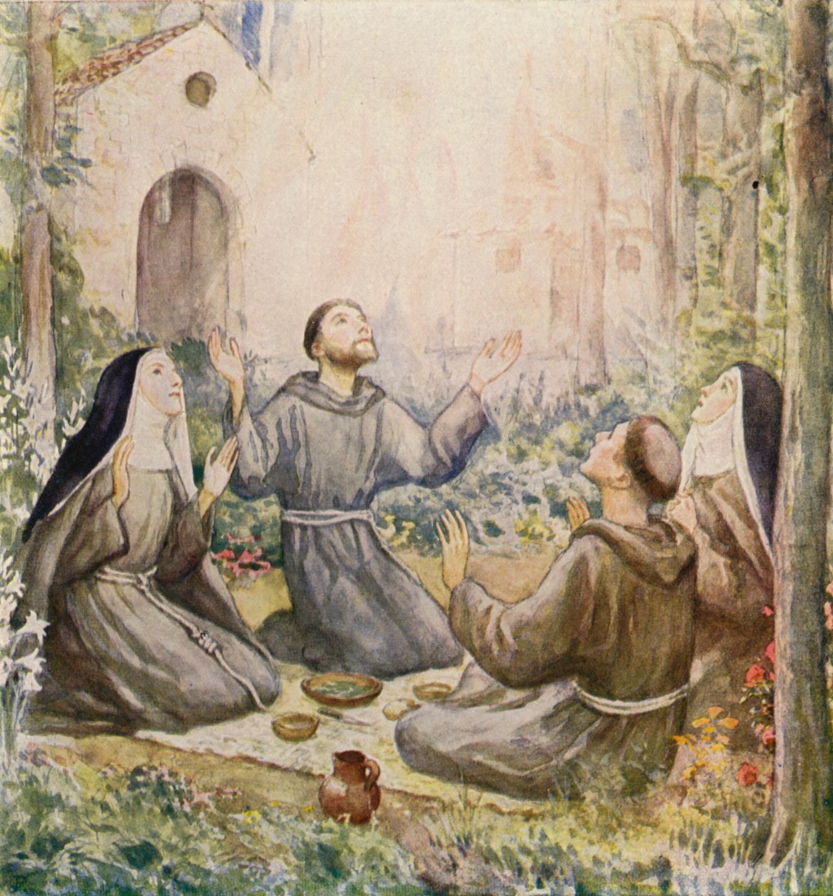 Frans og Klara af Assisi spiser måltidet uden for kirken St Mary of the Angels (farvelitografi) af German School