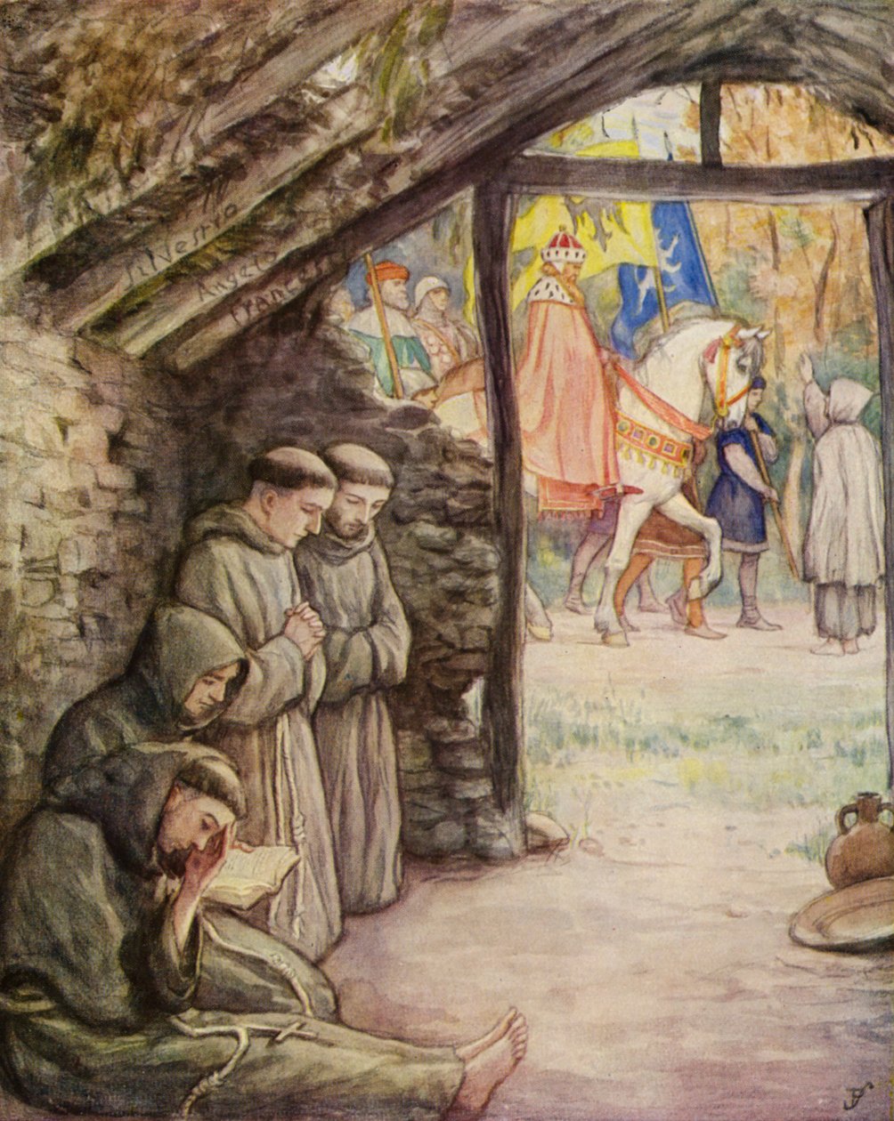 Frans og hans tilhængere i helligdommen i Rivotorto (farvelitografi) af German School