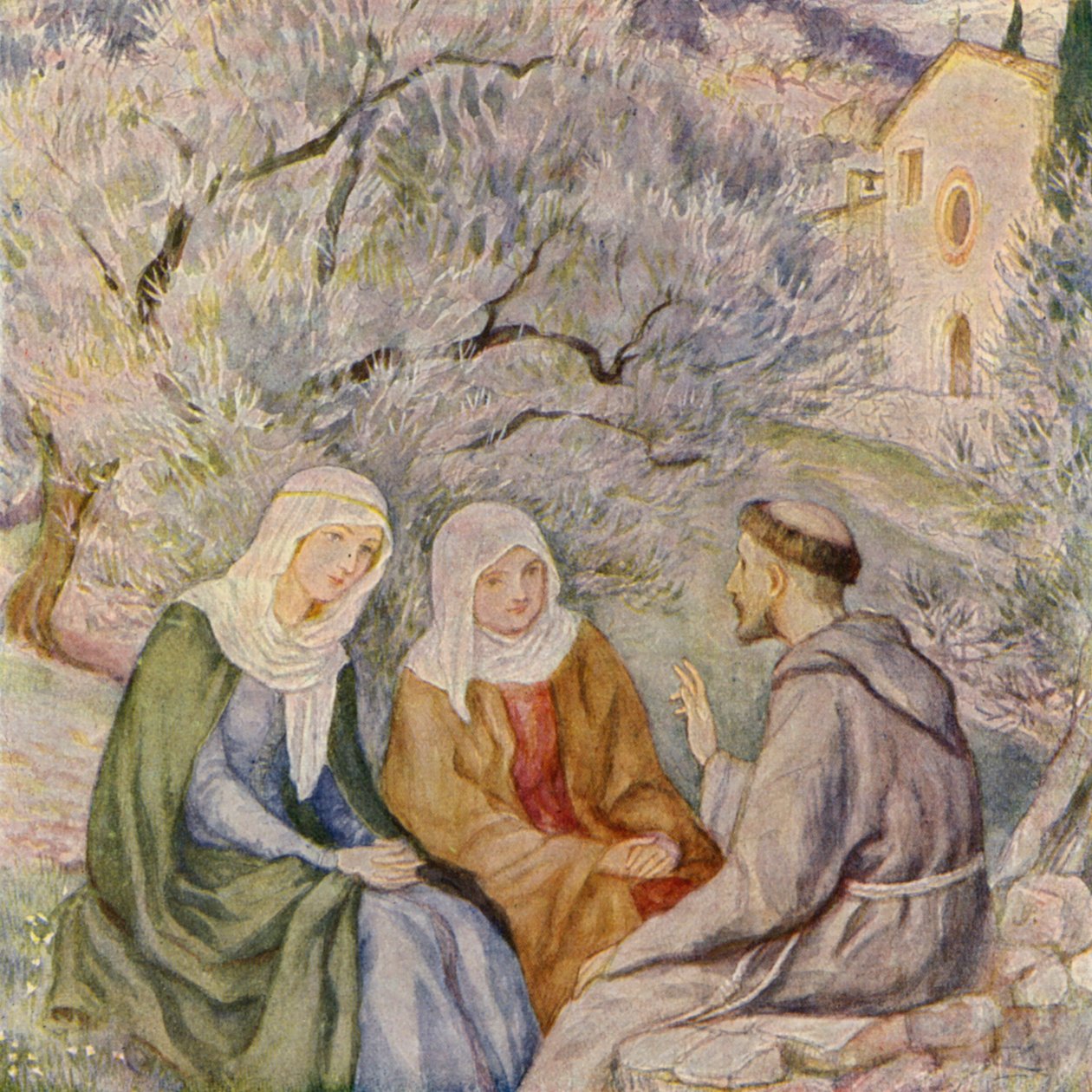 Frans og kaldet af Klara af Assisi (farvelitografi) af German School