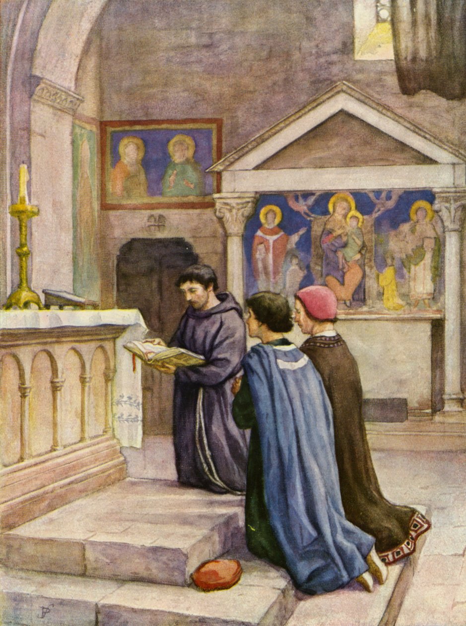 Frans læser op af evangelierne (farvelitografi) af German School