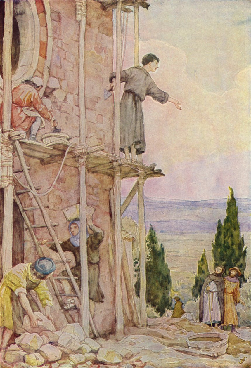 Sankt Frans restaurerer kirken i San Damiano (farvelitografi) af German School