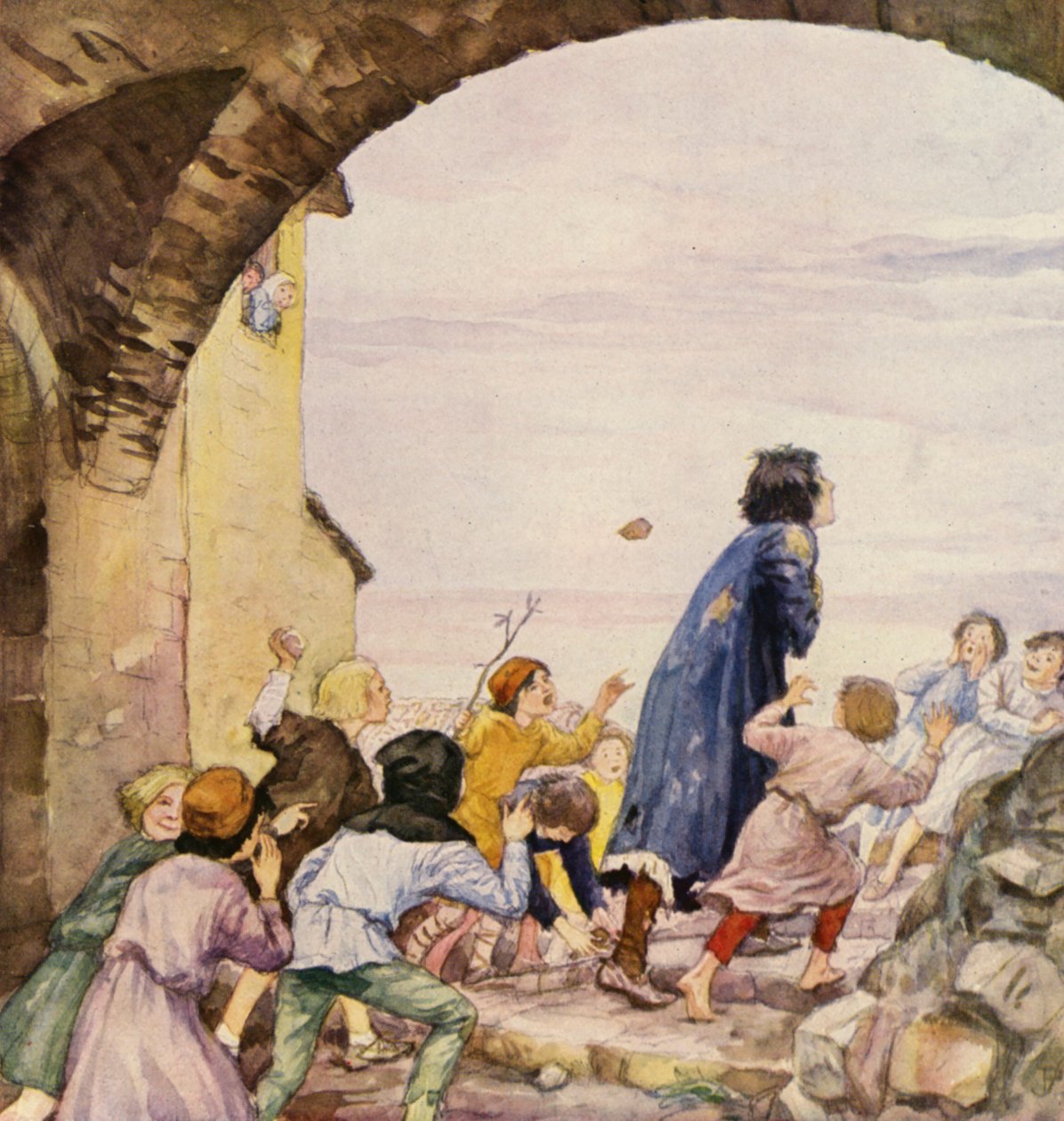 Sankt Frans hånet af børn (farvelitografi) af German School