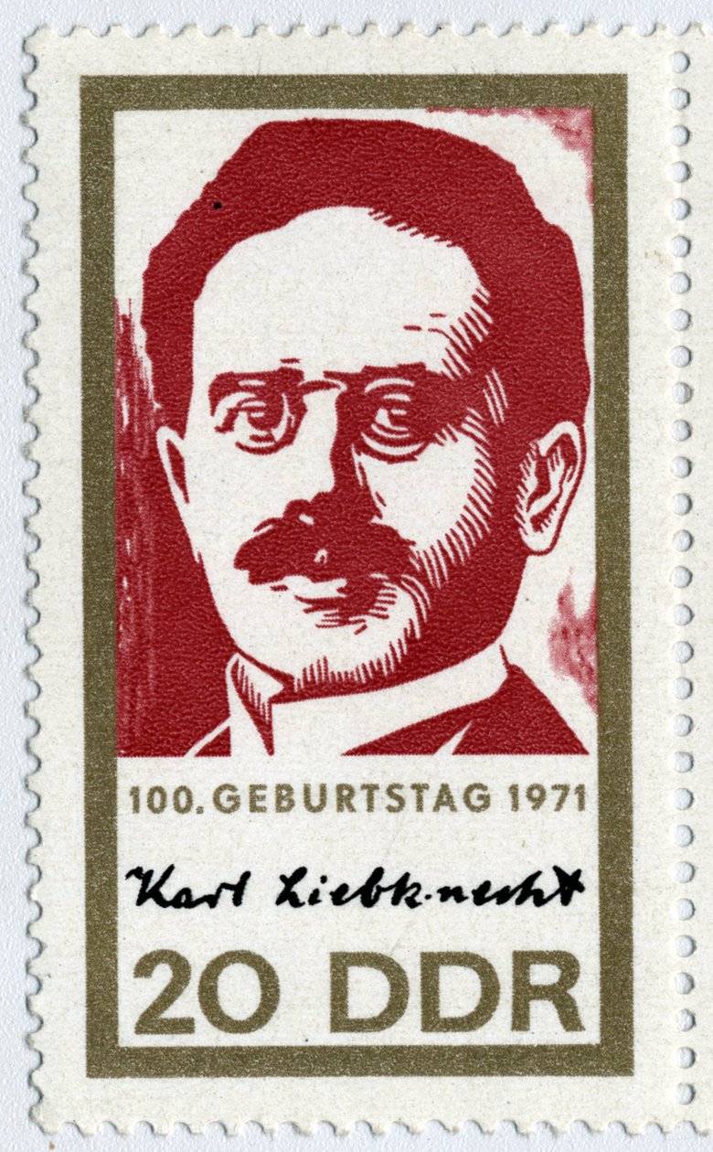 Frimærke repræsenterende Karl Liebknecht (1871-1919), en tysk revolutionær kommunist, en af grundlæggerne af spartakistbevægelsen (spartakisme eller tysk socialdemokratisk parti). af German School