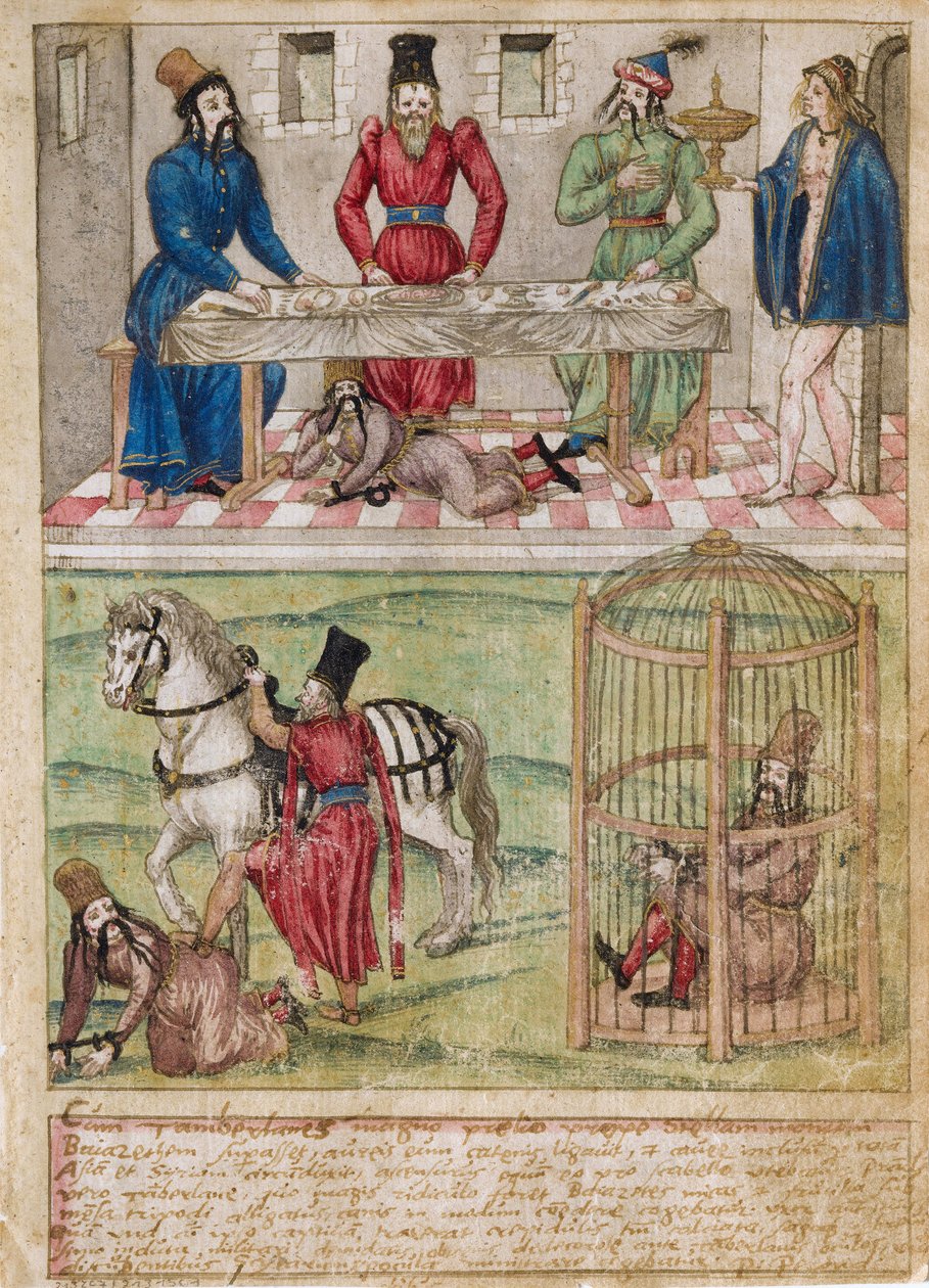 Sultan Bayezid (Bajazet) I (ca. 1360-1389) bliver taget til fange af Tamerlane (1336-1405) (eller Timur Lang, ""Timur den lamme"") efter slaget ved Ankara i 1402. Akvarel på pergament fra et 1500-tal. tysk mester. Privat samling af German School
