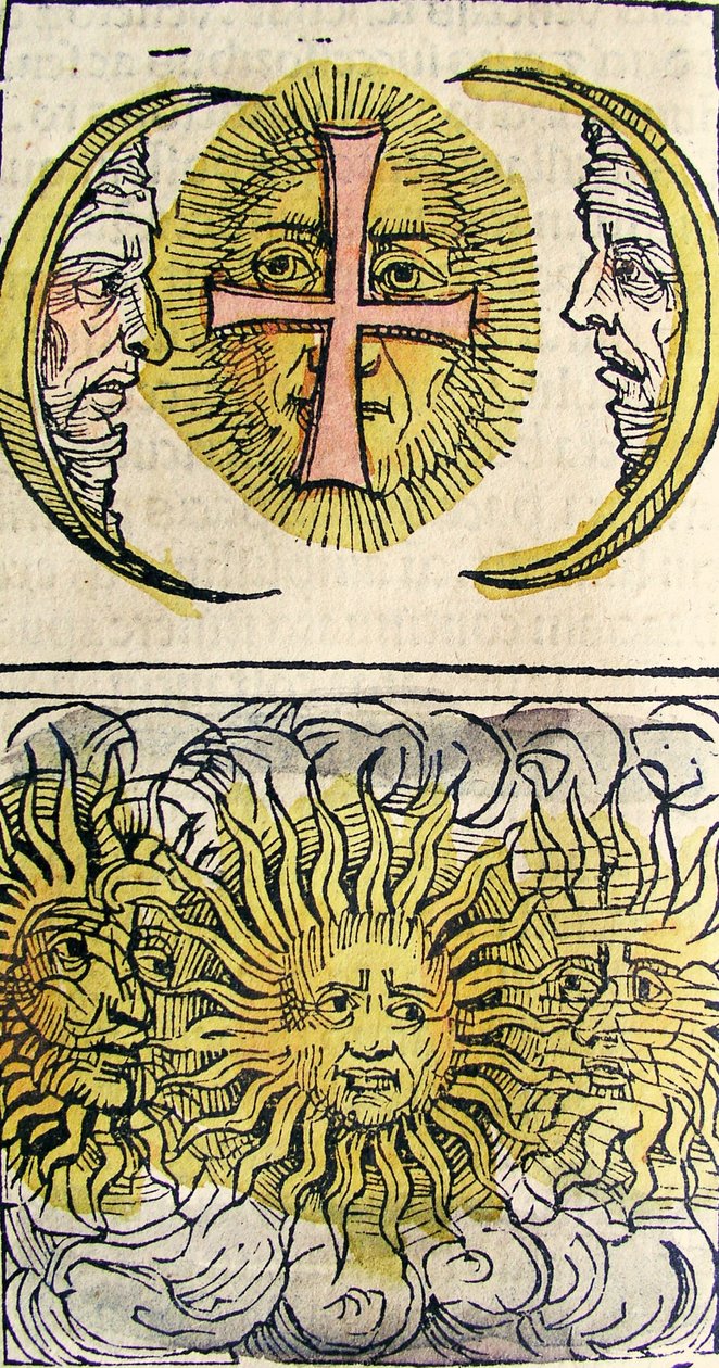 Sun Dogs and Moon Dogs, offentliggjort i Nürnberg Chronicle, 1493 af German School