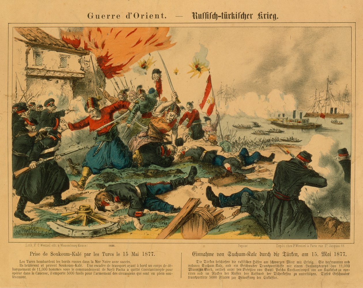 Tyrkernes indtagelse af Suchum-Kale under den russisk-tyrkiske krig, 15. maj 1877, udgivet af F.C. Wentzel, Weissenburg, 1877 af German School