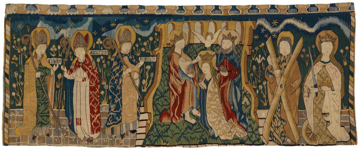Tapestry antependium, der forestiller Jomfruens kroning mellem tre hellige biskopper og to helgener, fra Mellemtyskland af German School