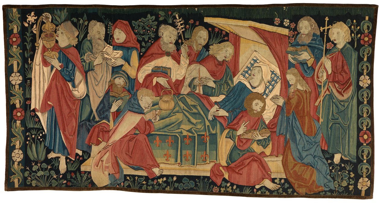 Tapestry antependium, der forestiller Jomfruens død, fra Nürnberg (uld, gul silke og guldtråd) af German School