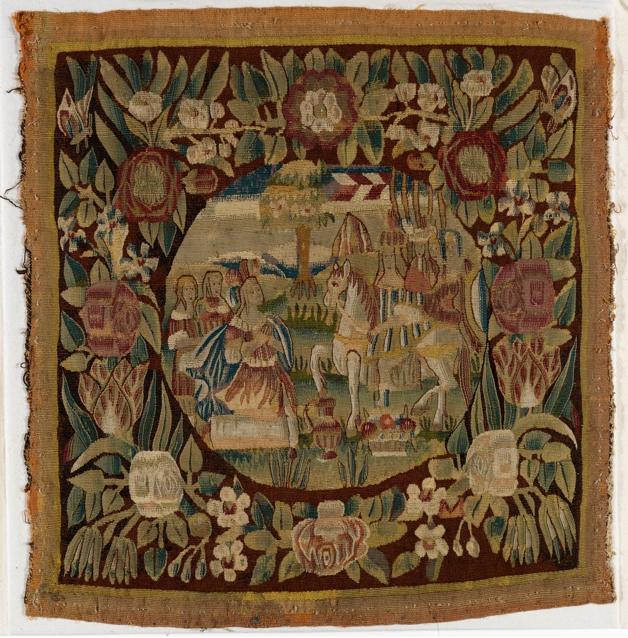 Pudebetræk af gobelin forestillende David og Abigail, Samuel XXV, fremstillet muligvis i Hamborg, Tyskland, ca. 1615 (uld) af German School